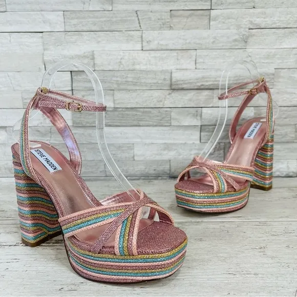 Steve Madden Women’s Laurel Rainbow Glitter Platform Sandals Ankle Strap NWOB
