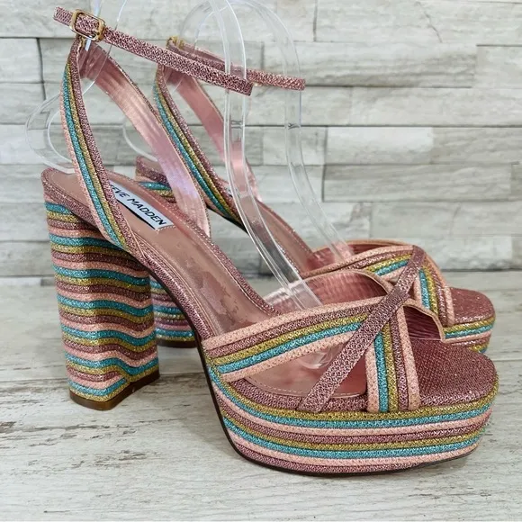Steve Madden Women’s Laurel Rainbow Glitter Platform Sandals Ankle Strap NWOB