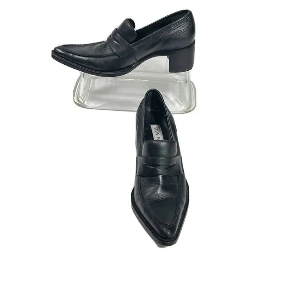 Steve Madden Womens Black Penny Loafer Shoes Block Heel Pointed Toe Size 6