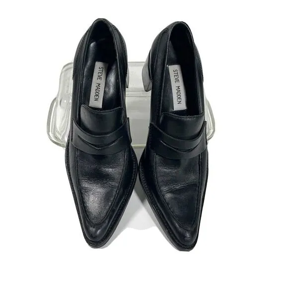 Steve Madden Womens Black Penny Loafer Shoes Block Heel Pointed Toe Size 6