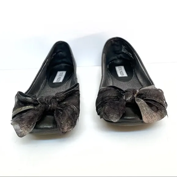 Steven Madden P/shae black leather silver bow ballet flats shoes