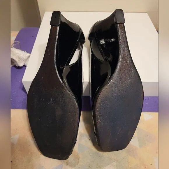 Stuart Weitzman &quot;Candy&quot; Black Patent Leather Peep Toe Wedge Pumps Sz. 8.5 $298
