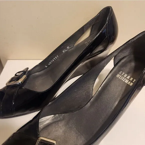 Stuart Weitzman &quot;Candy&quot; Black Patent Leather Peep Toe Wedge Pumps Sz. 8.5 $298