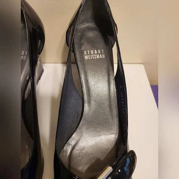Stuart Weitzman &quot;Candy&quot; Black Patent Leather Peep Toe Wedge Pumps Sz. 8.5 $298