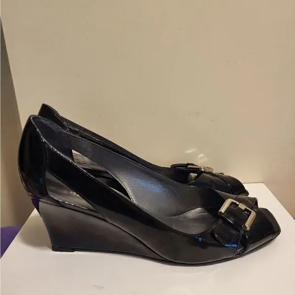 Stuart Weitzman &quot;Candy&quot; Black Patent Leather Peep Toe Wedge Pumps Sz. 8.5 $298