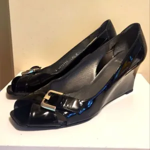 Stuart Weitzman &quot;Candy&quot; Black Patent Leather Peep Toe Wedge Pumps Sz. 8.5 $298