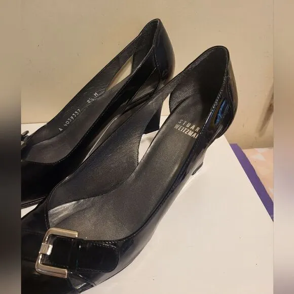 Stuart Weitzman &quot;Candy&quot; Black Patent Leather Peep Toe Wedge Pumps Sz. 8.5 $298