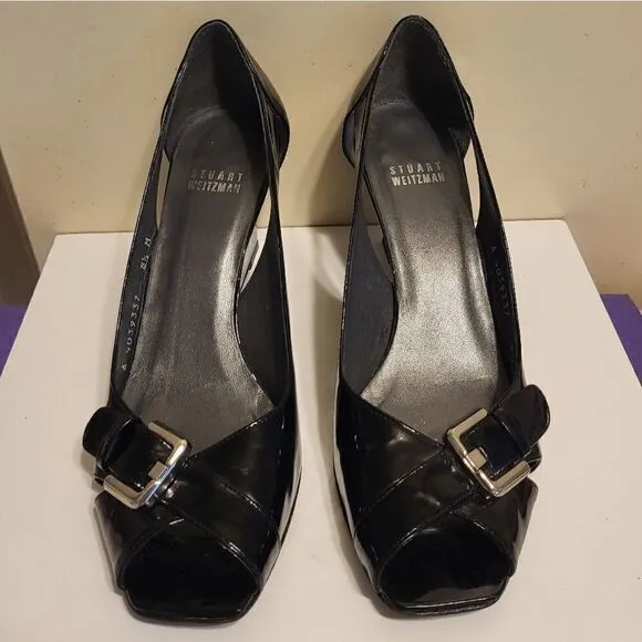 Stuart Weitzman &quot;Candy&quot; Black Patent Leather Peep Toe Wedge Pumps Sz. 8.5 $298