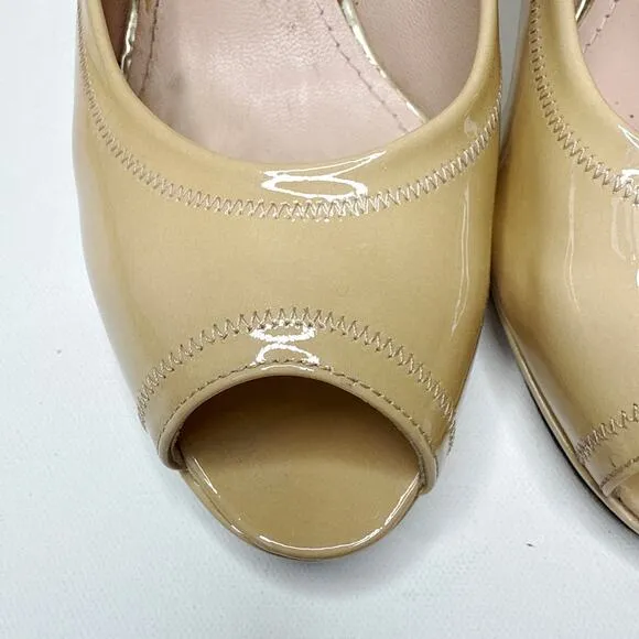 Stuart Weitzman Avignon Adobe Aniline Peep Toe Heels Tan Patent Leather Size 9