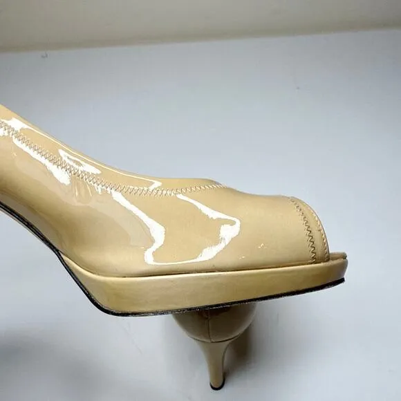 Stuart Weitzman Avignon Adobe Aniline Peep Toe Heels Tan Patent Leather Size 9