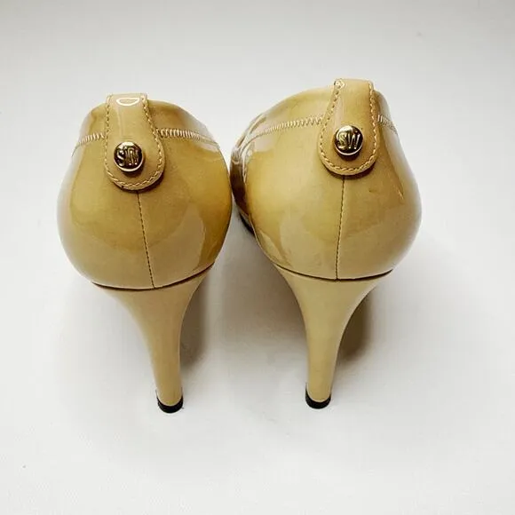 Stuart Weitzman Avignon Adobe Aniline Peep Toe Heels Tan Patent Leather Size 9