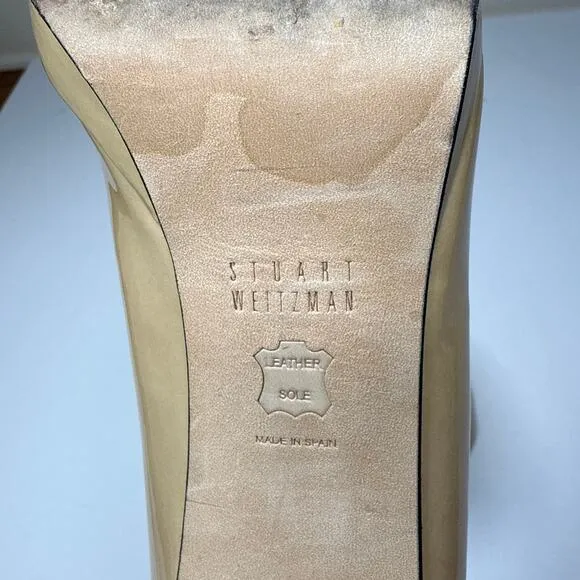 Stuart Weitzman Avignon Adobe Aniline Peep Toe Heels Tan Patent Leather Size 9