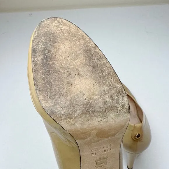 Stuart Weitzman Avignon Adobe Aniline Peep Toe Heels Tan Patent Leather Size 9