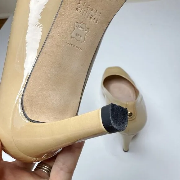 Stuart Weitzman Avignon Adobe Aniline Peep Toe Heels Tan Patent Leather Size 9