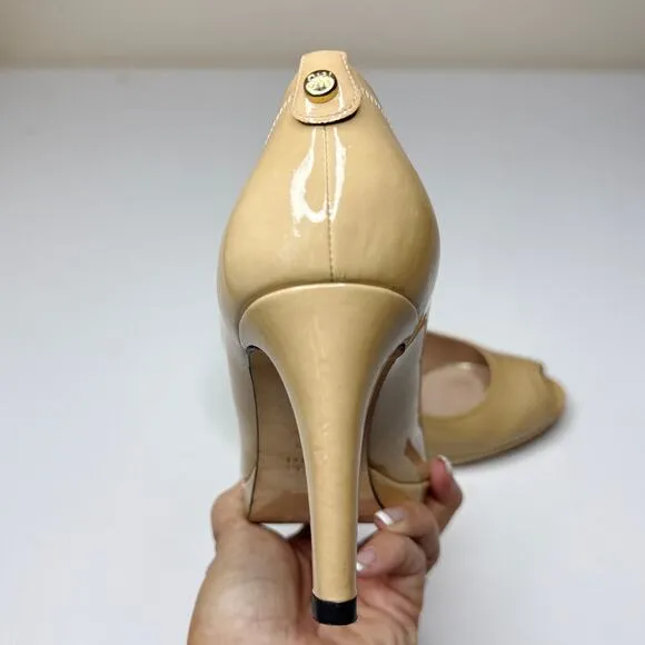 Stuart Weitzman Avignon Adobe Aniline Peep Toe Heels Tan Patent Leather Size 9