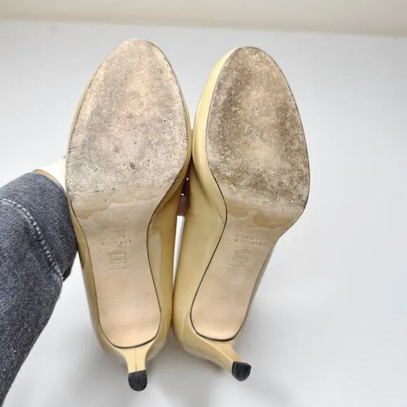 Stuart Weitzman Avignon Adobe Aniline Peep Toe Heels Tan Patent Leather Size 9
