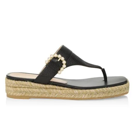 Stuart Weitzman Black Leather Pearl Buckle Espadrille Sandals Size 7
