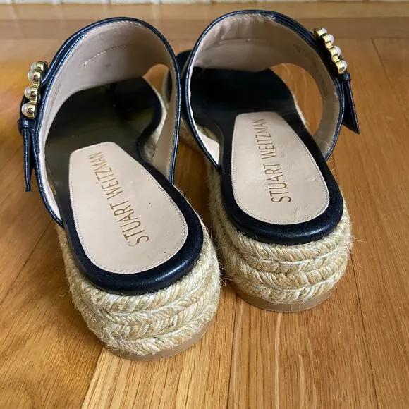 Stuart Weitzman Black Leather Pearl Buckle Espadrille Sandals Size 7