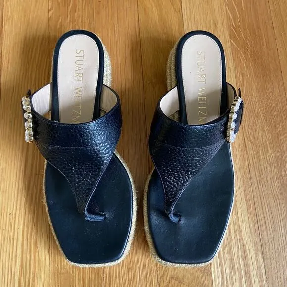 Stuart Weitzman Black Leather Pearl Buckle Espadrille Sandals Size 7