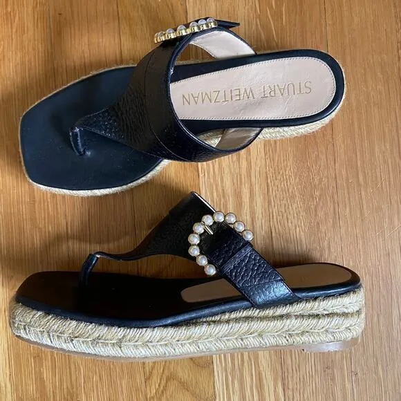Stuart Weitzman Black Leather Pearl Buckle Espadrille Sandals Size 7