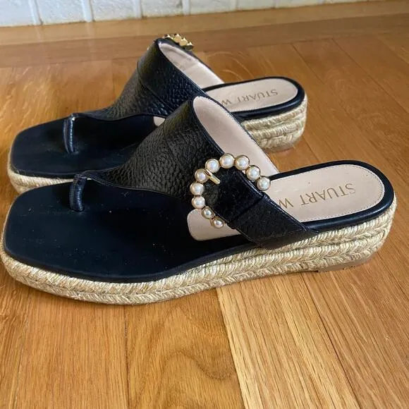 Stuart Weitzman Black Leather Pearl Buckle Espadrille Sandals Size 7