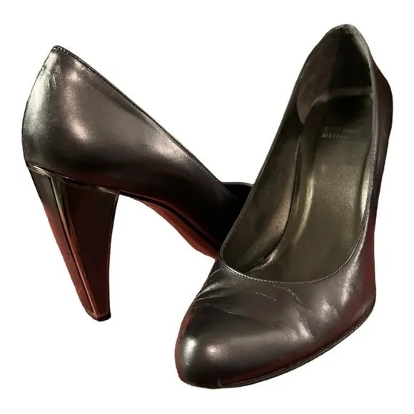 Stuart Weitzman Black Leather Pumps with Silver Accent Block Heel, Size 9