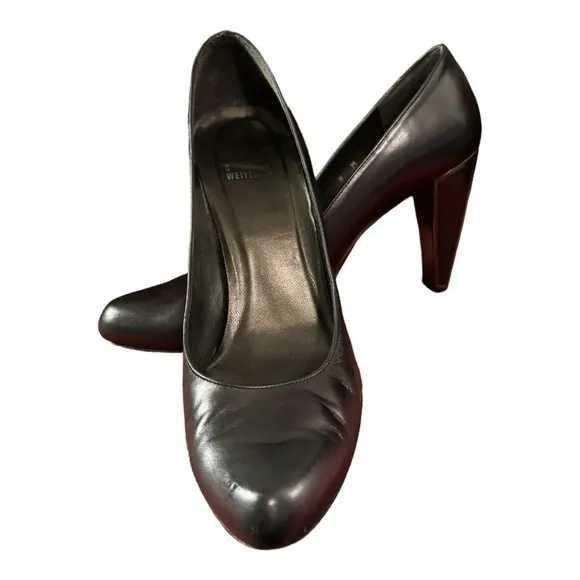Stuart Weitzman Black Leather Pumps with Silver Accent Block Heel, Size 9