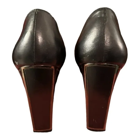 Stuart Weitzman Black Leather Pumps with Silver Accent Block Heel, Size 9