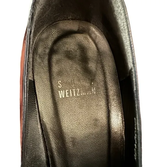 Stuart Weitzman Black Leather Pumps with Silver Accent Block Heel, Size 9