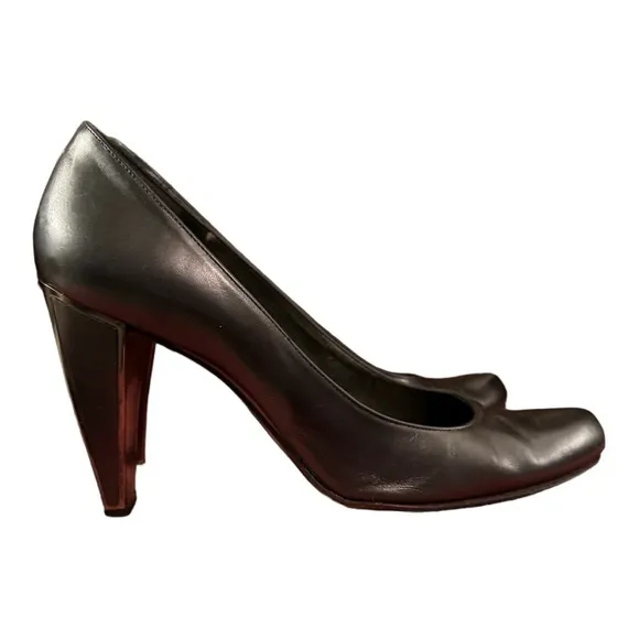 Stuart Weitzman Black Leather Pumps with Silver Accent Block Heel, Size 9