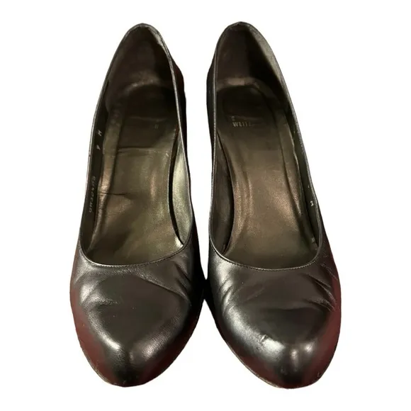 Stuart Weitzman Black Leather Pumps with Silver Accent Block Heel, Size 9