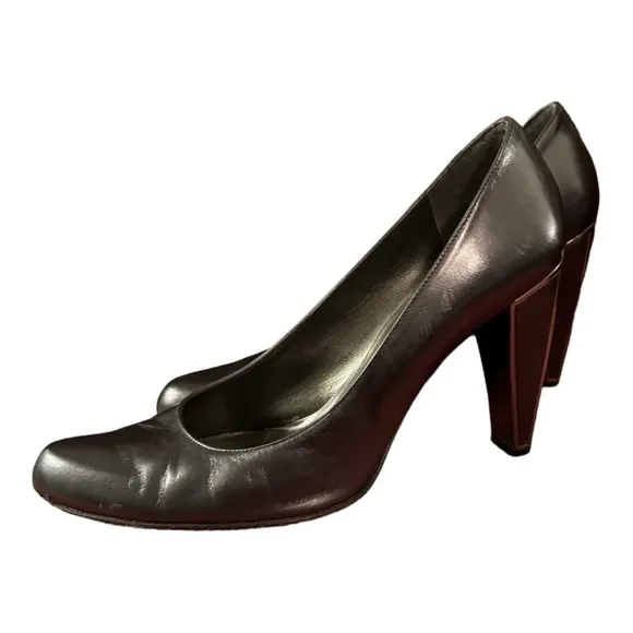 Stuart Weitzman Black Leather Pumps with Silver Accent Block Heel, Size 9