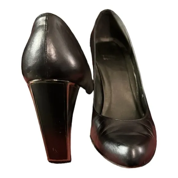 Stuart Weitzman Black Leather Pumps with Silver Accent Block Heel, Size 9