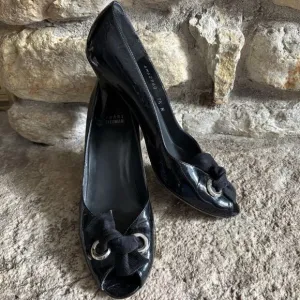 STUART WEITZMAN Black Patent Leather Peep Toe Ribbon Bow Pumps Heels 7.5