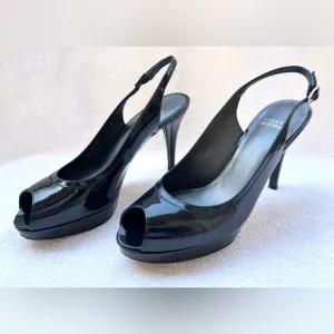Stuart Weitzman Black Patent Leather Peep Toe Slingback Heels. Black. Size 9