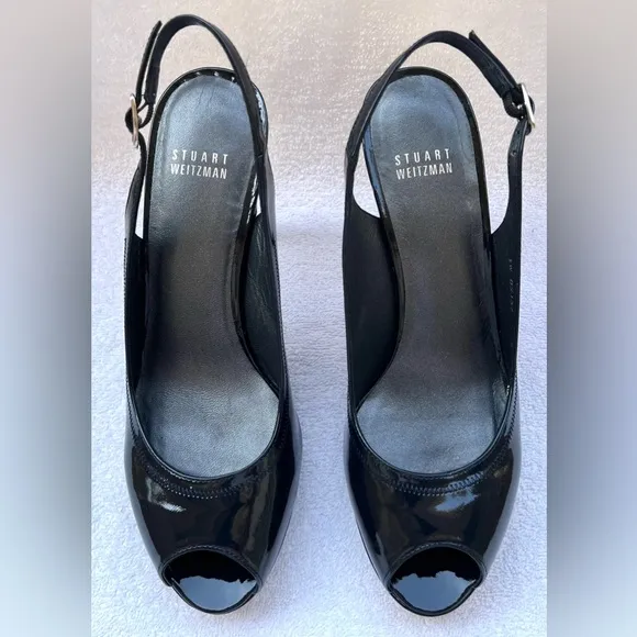 Stuart Weitzman Black Patent Leather Peep Toe Slingback Heels. Black. Size 9