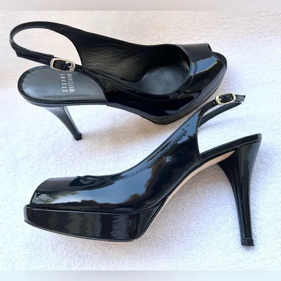 Stuart Weitzman Black Patent Leather Peep Toe Slingback Heels. Black. Size 9