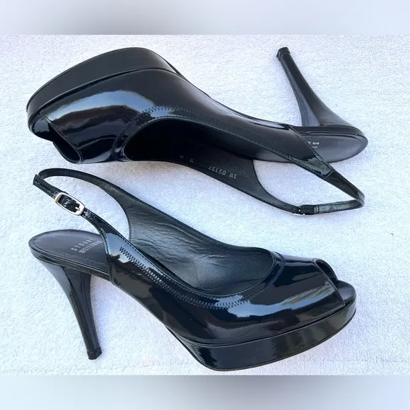 Stuart Weitzman Black Patent Leather Peep Toe Slingback Heels. Black. Size 9