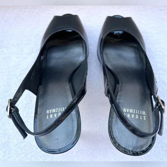 Stuart Weitzman Black Patent Leather Peep Toe Slingback Heels. Black. Size 9