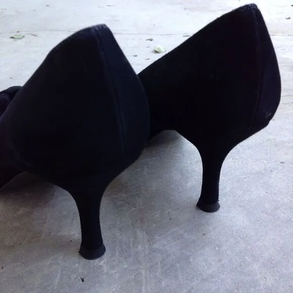 Stuart Weitzman black suede rosette Peeptoe pumps heels shoes 8.5