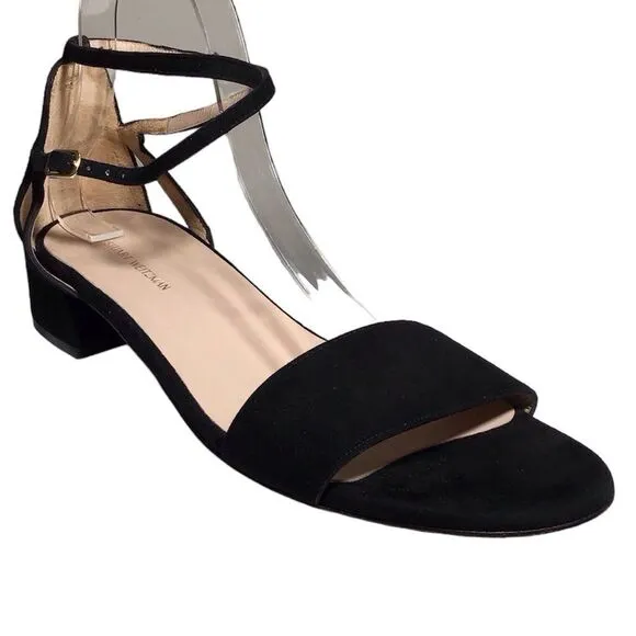 Stuart Weitzman Black Suede Block Heel Strappy Sandal Size 9 1/2