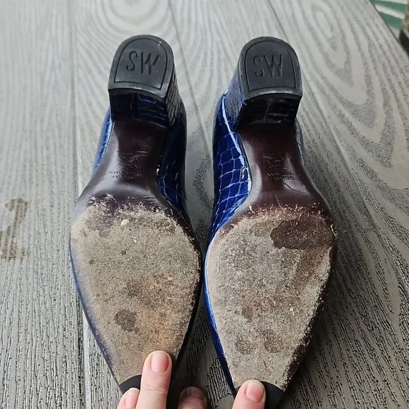 Stuart Weitzman Blue Patent Crocodile Heels - Leather Embossed 9.5M Pumps