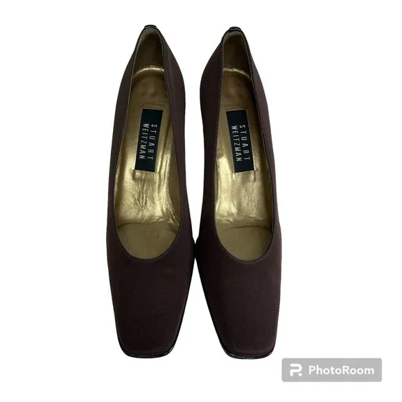 STUART WEITZMAN brown fabric/satin leather classic‎ heel pumps shoe size 8.5 AA
