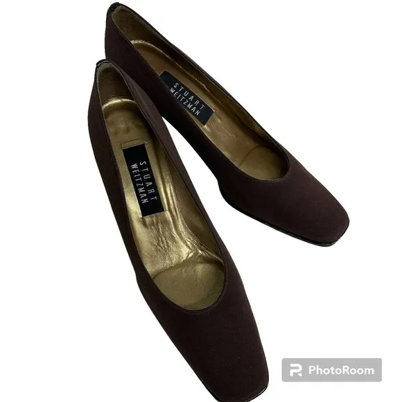 STUART WEITZMAN brown fabric/satin leather classic‎ heel pumps shoe size 8.5 AA