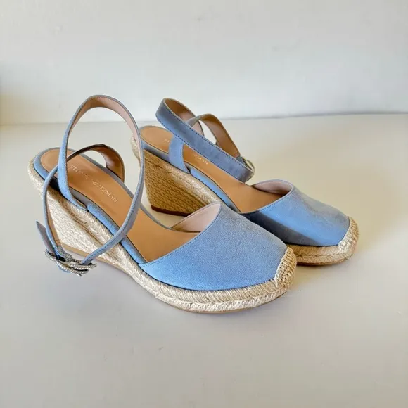 Stuart Weitzman Cornflower Blue Suede Leather Wedge Espadrille Sandals Size 6