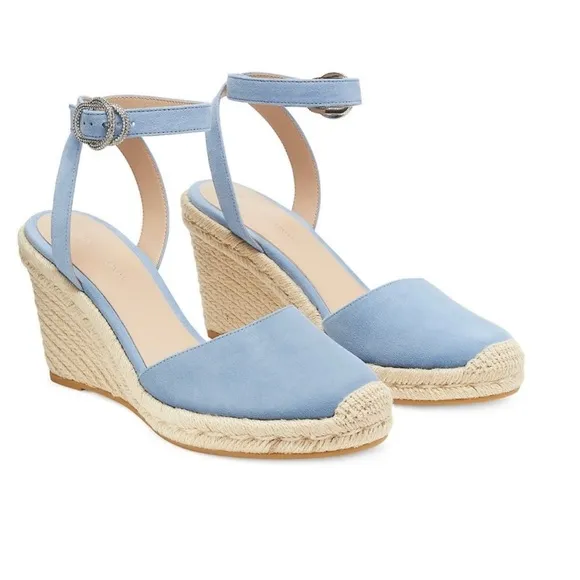 Stuart Weitzman Cornflower Blue Suede Leather Wedge Espadrille Sandals Size 6