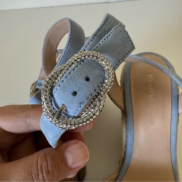 Stuart Weitzman Cornflower Blue Suede Leather Wedge Espadrille Sandals Size 6