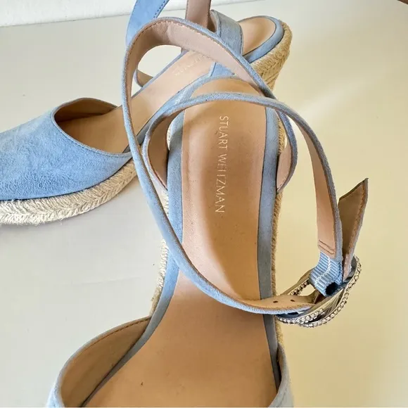 Stuart Weitzman Cornflower Blue Suede Leather Wedge Espadrille Sandals Size 6