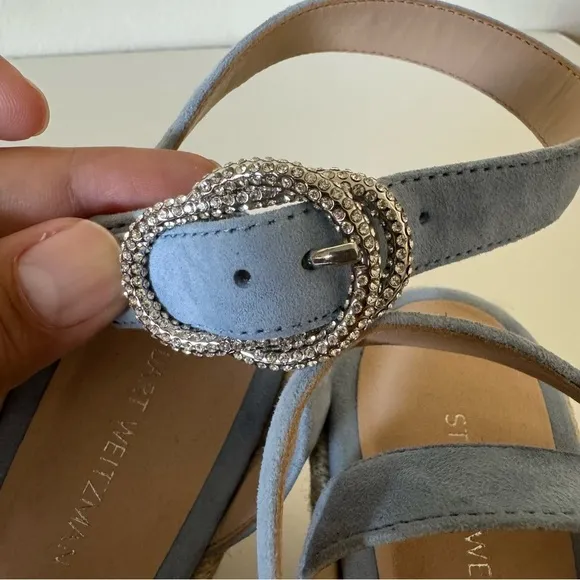 Stuart Weitzman Cornflower Blue Suede Leather Wedge Espadrille Sandals Size 6