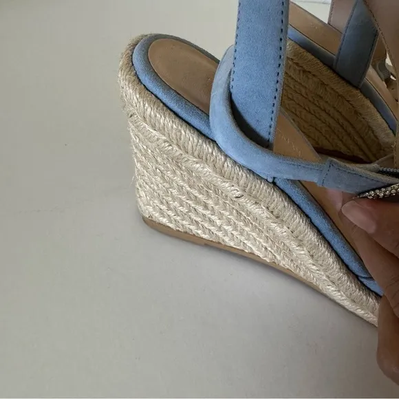 Stuart Weitzman Cornflower Blue Suede Leather Wedge Espadrille Sandals Size 6